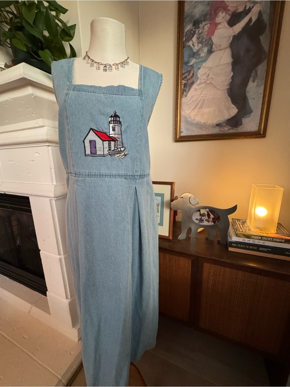 Light Blue Denim Maxi Apron Dress with Lighthouse Embroidery